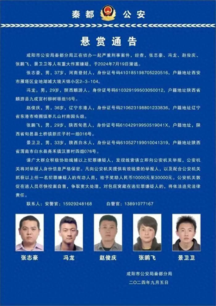 警方发布悬赏通告,陕西咸阳侦办一起严重刑事案件 5名嫌犯潜逃 (图1)