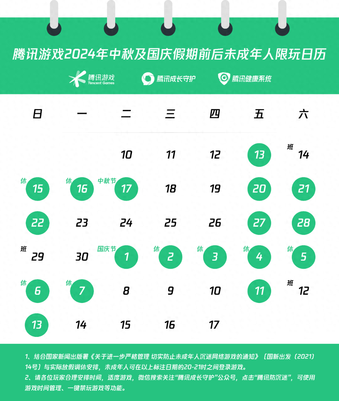 38天内总计18小时!腾讯、网易发布中秋国庆假期未成年人游戏限时通知(图1)