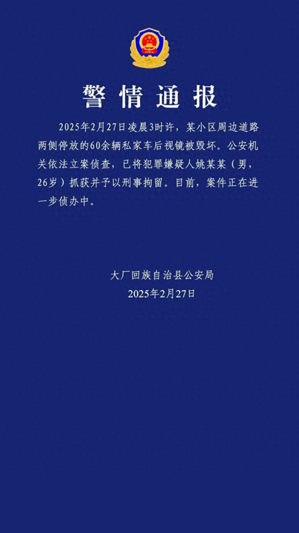 60余辆私家车停放路边后视镜被毁坏，河北大厂警方通报(图1)